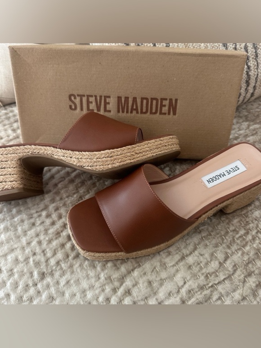 Steve Madden Brown Leather-Look Espadrille Slide Mules